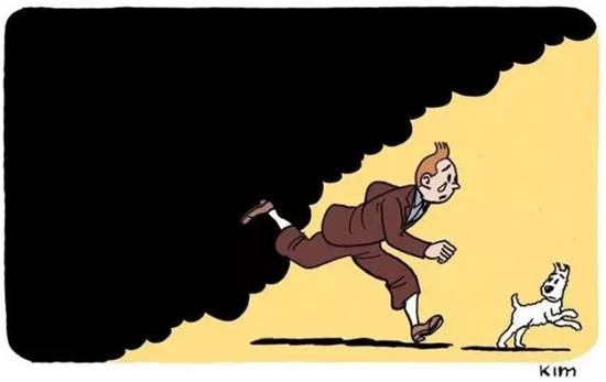 漫画家kim创作的画作中,丁丁正在逃离烟雾.jpg