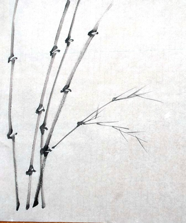 图文教学   竹枝画法与竹杆画法有些不同,竹枝一般用长锋的小毛笔画